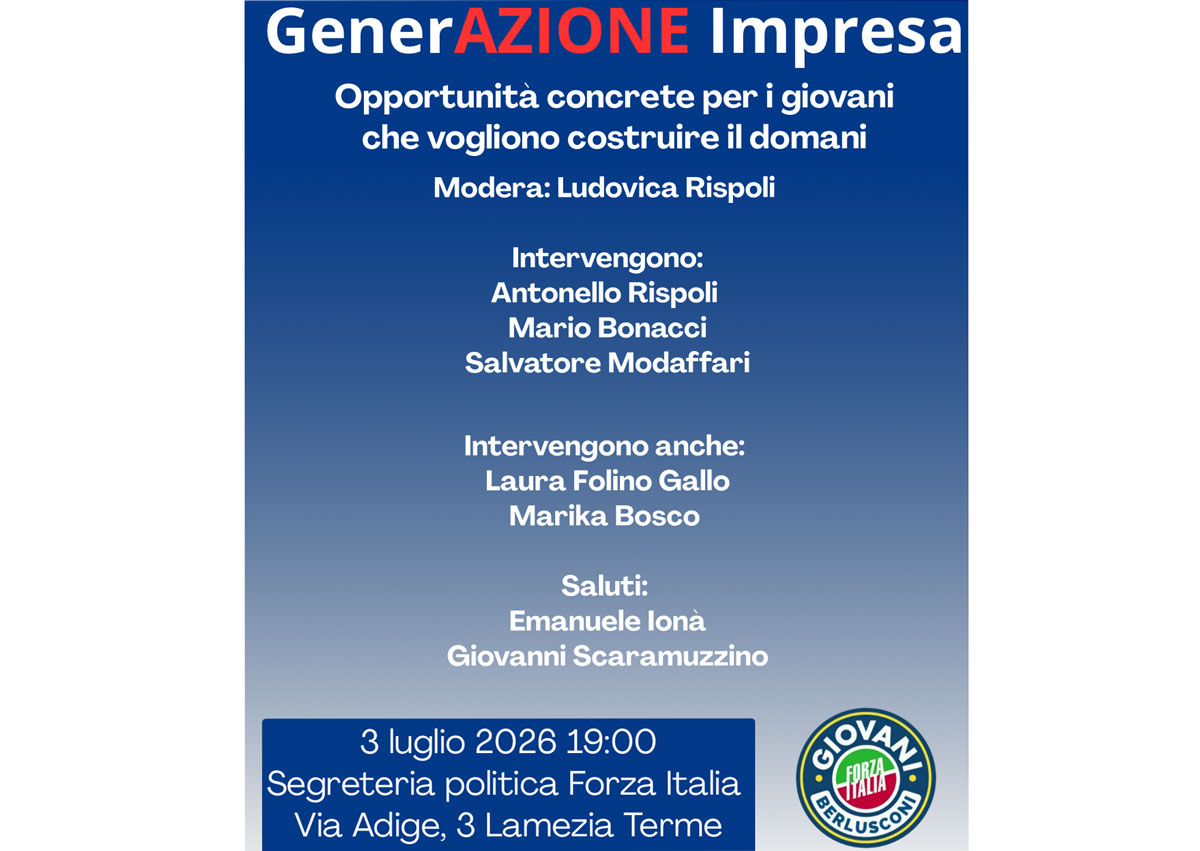 Lamezia, Giovani di Forza Italia presentano il 3 luglio "GenerAZIONE Impresa"