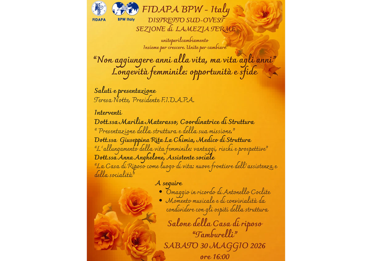 “Longevità femminile”: incontro Fidapa Lamezia il 30 maggio 