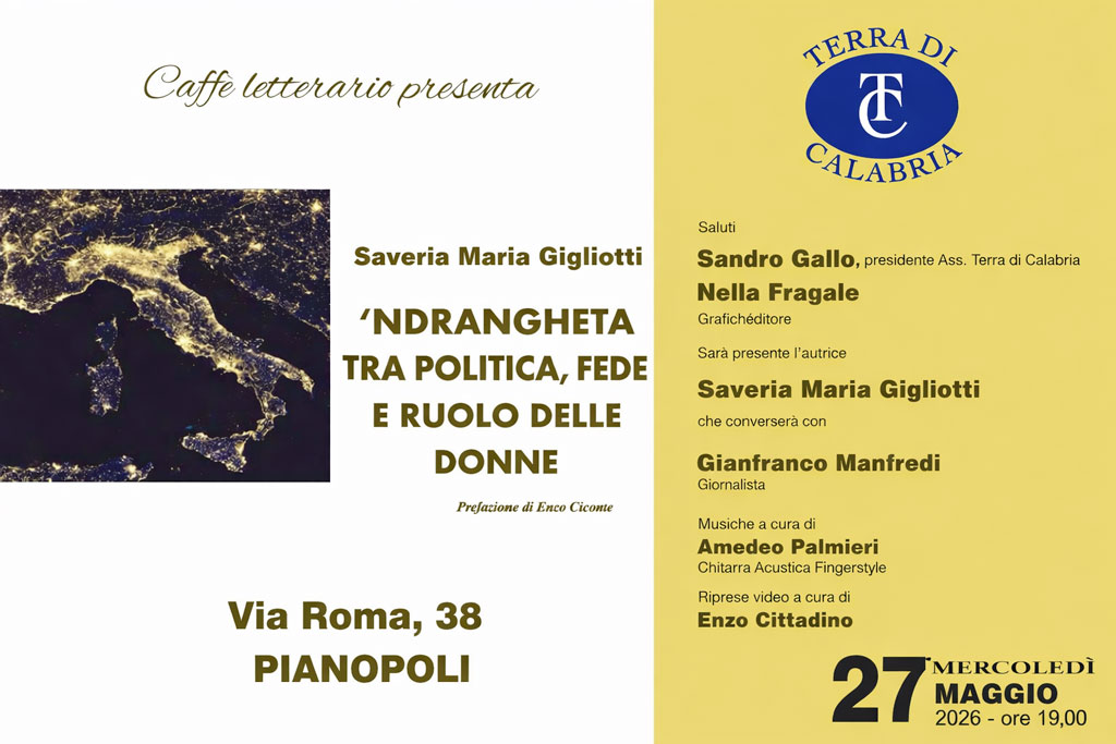 A Pianopoli la presentazione di “’Ndrangheta tra politica, fede e ruolo delle donne” il 27 maggio