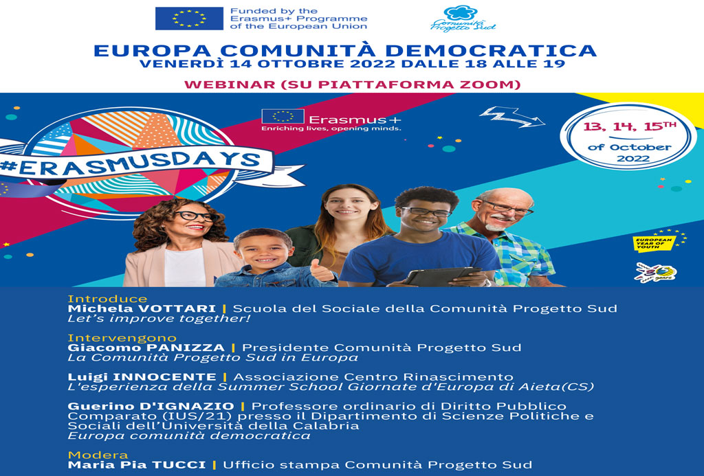 Webinar "Europa comunità democratica" il 14 ottobre con Comunità Progetto Sud