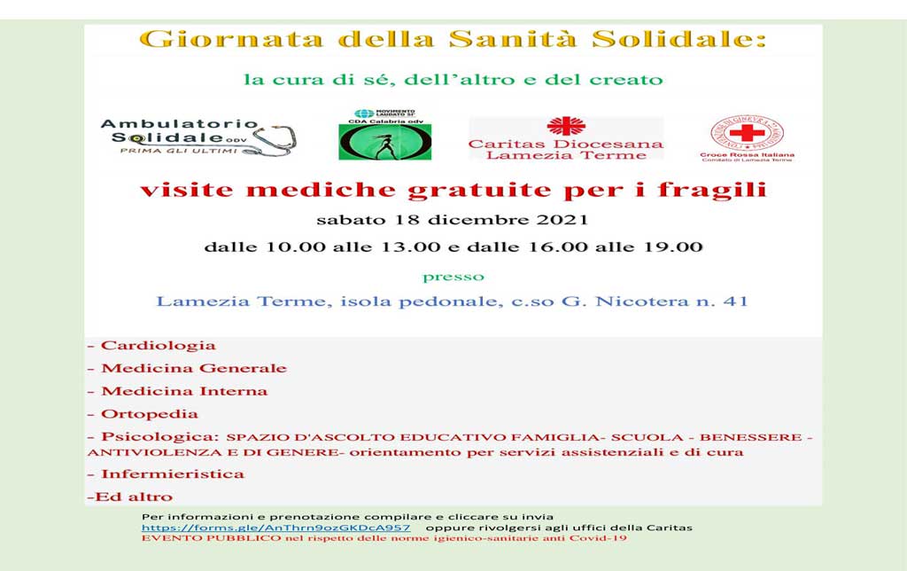 Lamezia, prima giornata di sanità solidale il 18 dicembre in città