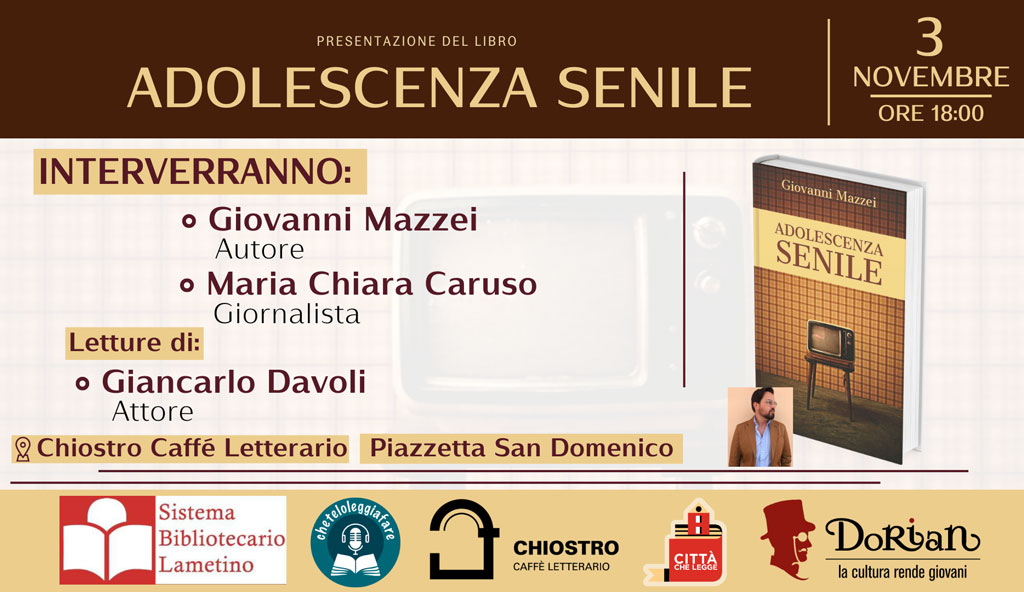 Lamezia, presentazione libro "Adolescenza senile" di Giovanni Mazzei al Chiostro