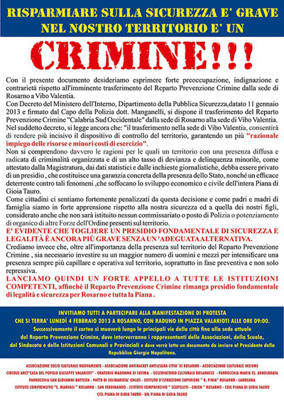 Calabria: Corteo a Rosarno, no trasferimento reparto crimine