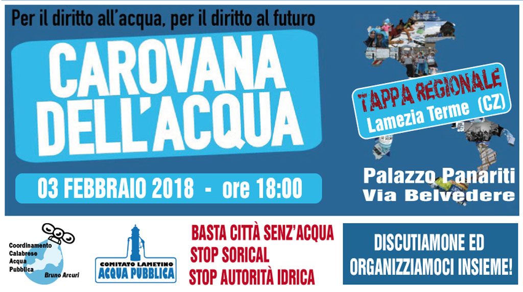 Parte da Lamezia il 3 febbraio la carovana nazionale dell'acqua 