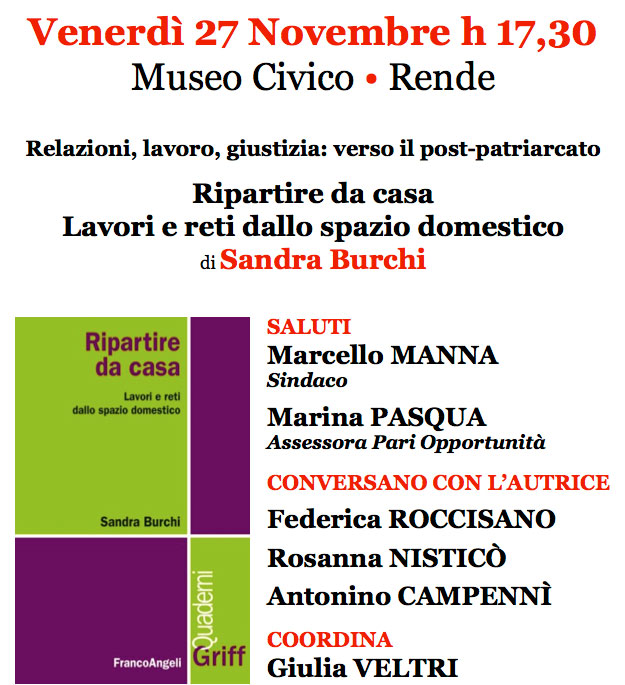 Il 27 novembre presentazione libro 'Ripartire da casa. Lavori e reti dallo spazio domestico di Sandra Bucchi a Rende'