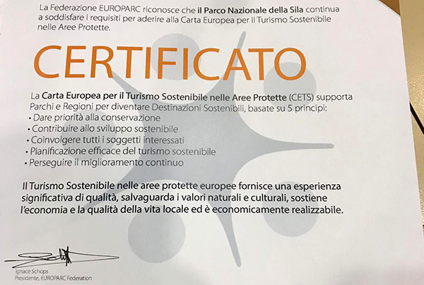 Parco della Sila riceve premio CETS per il Turismo Sostenibile