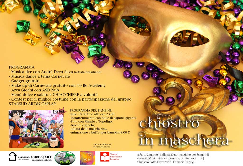 Lamezia, Carnevale 2019: festa in maschera sabato al chiostro 