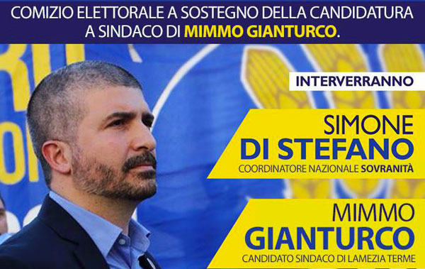 Lamezia: Simone Di Stefano (Sovranità) in città a sostegno di Mimmo Gianturco