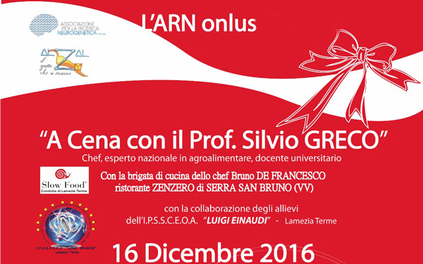 Lamezia, associazione per la Ricerca Neurogenetica onlus: il 16 dicembre 'A cena con il Prof. Silvio Greco' 