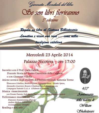 Lamezia: Giornata mondiale del Libro 23 aprile a palazzo Nicotera