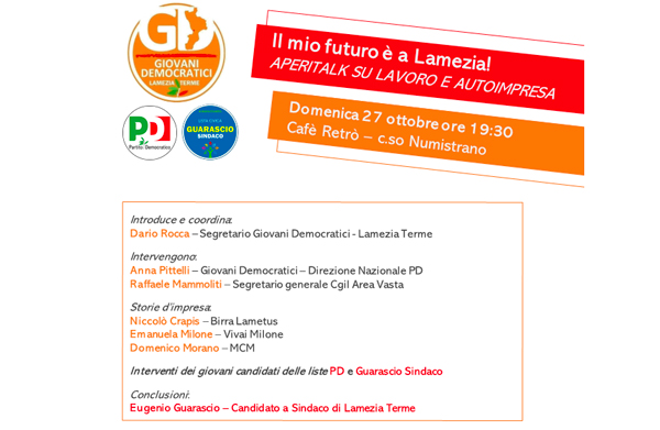 "Il mio futuro è a Lamezia": domenica iniziativa Giovani Democratici su occupazione e autoimpresa