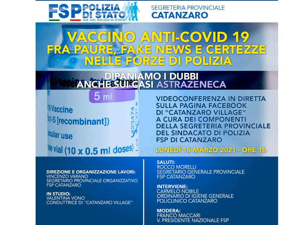"Vaccino anticovid fra paure, fake news e certezze nelle Forze di Polizia", domani videoconferenza organizzata dal Sindacato Fsp