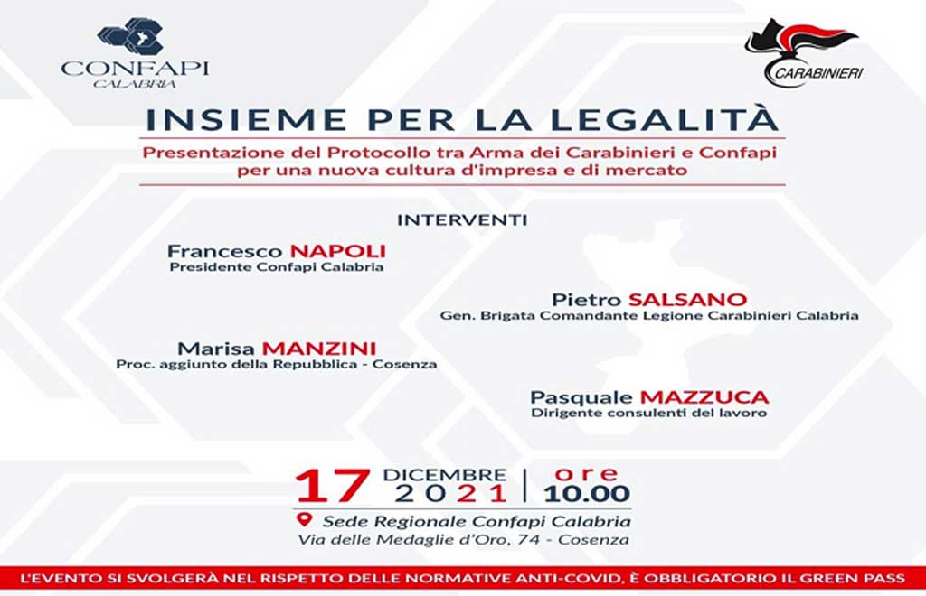 “Insieme per la legalità”, a Cosenza presentazione del protocollo tra Carabinieri e Confapi 