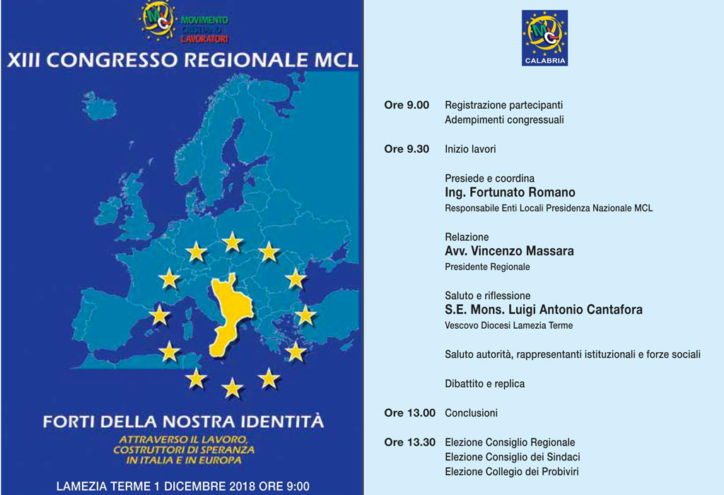 Lamezia, XIII Congresso Regionale del Movimento Cristiano Lavoratori l'1 dicembre 