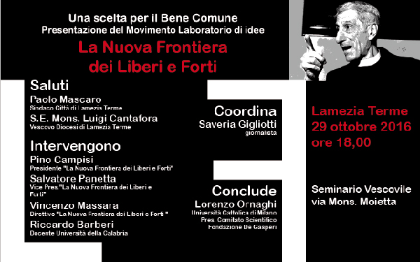 Lamezia, il 29 ottobre presentazione movimento “Liberi e Forti”