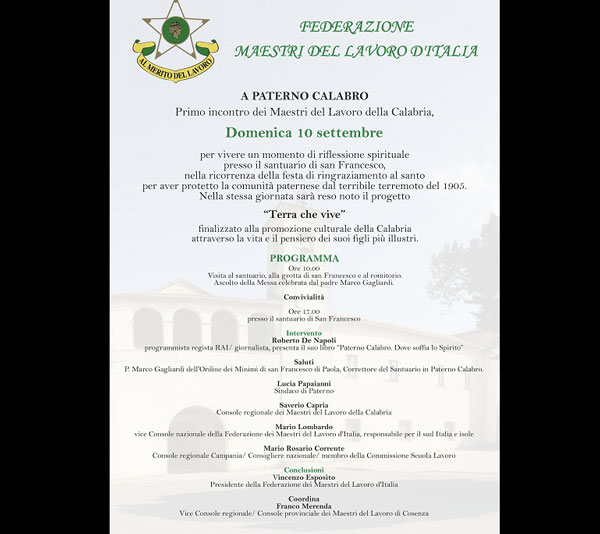 Incontro dei Maestri del Lavoro della Calabria il 10 settembre nel ricordo di San Francesco di Paola a Paterno