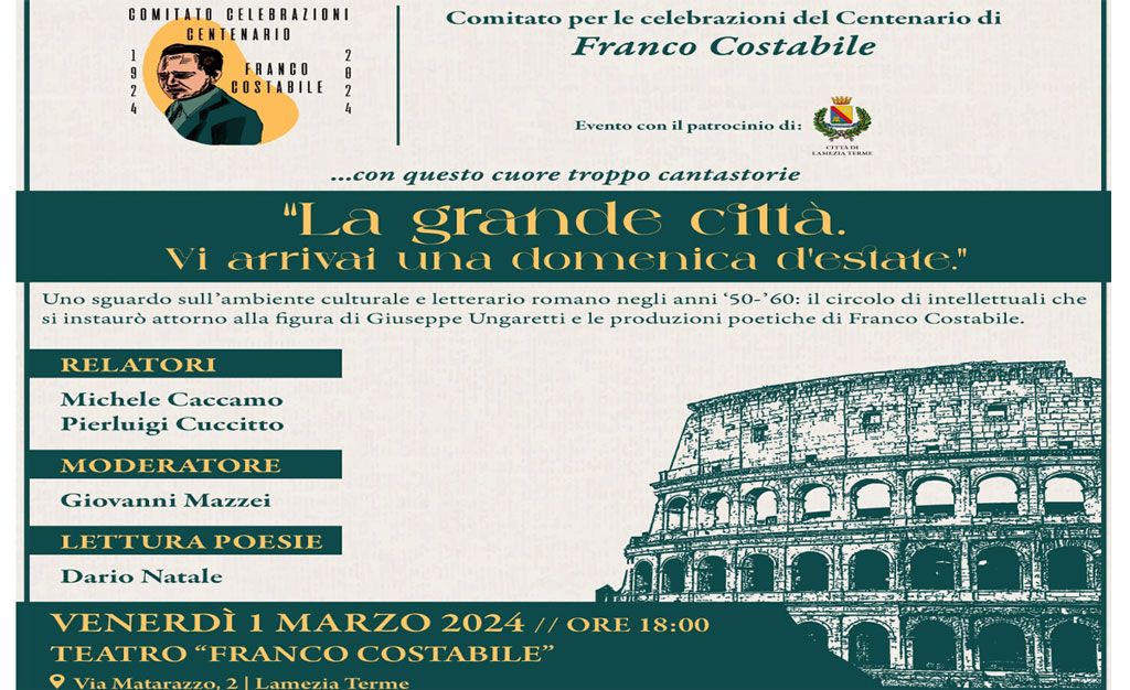 Lamezia, “La grande città. Vi arrivai una domenica d’estate”: nuovo evento dedicato al poeta Franco Costabile