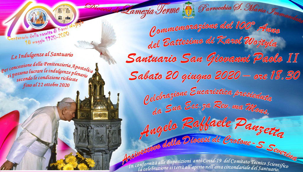 Al Santuario San Giovanni Paolo II di Cardolo festa per il Centenario del Battesimo di Karol Wojtyla il 20 giugno