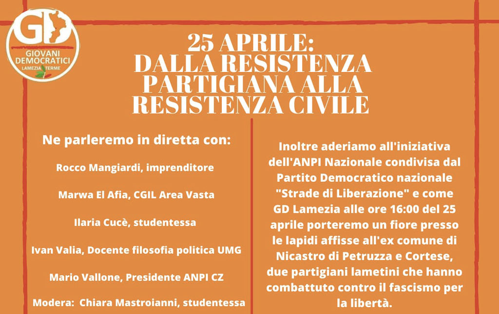 Lamezia, il 25 aprile webinar dei Giovani Democratici sui temi della Resistenza