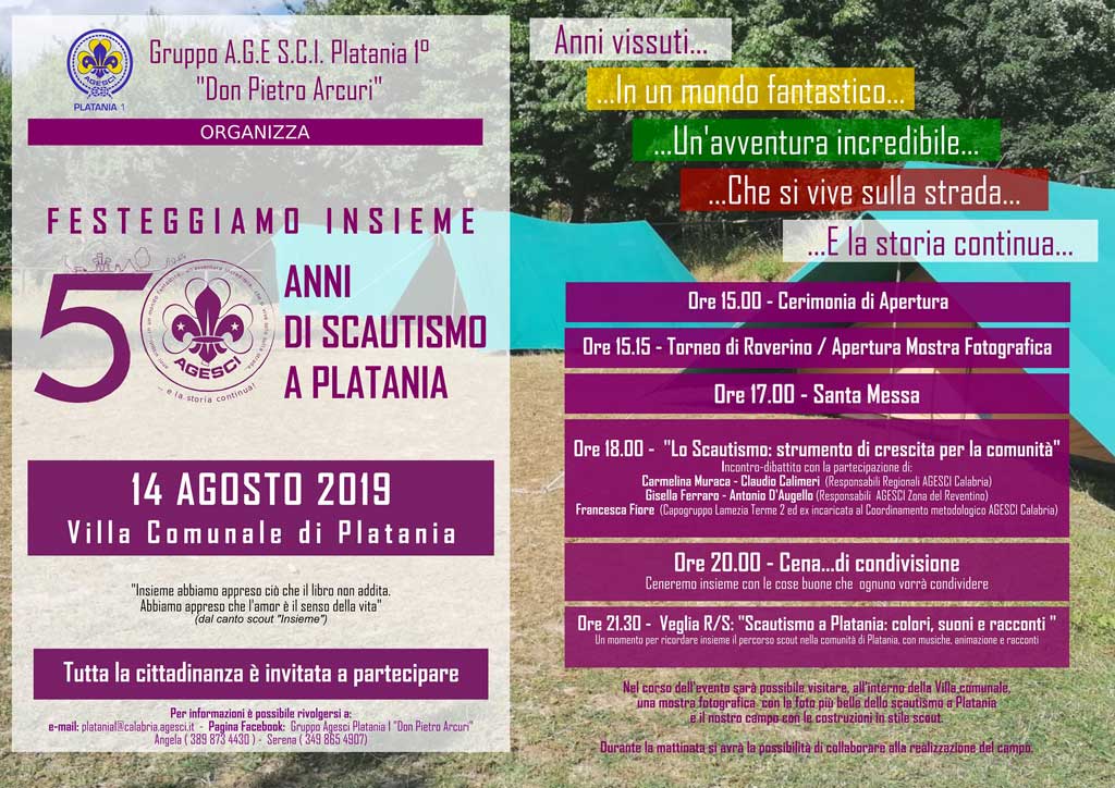 Festa per i 50 anni di Scautismo a Platania il 14 agosto