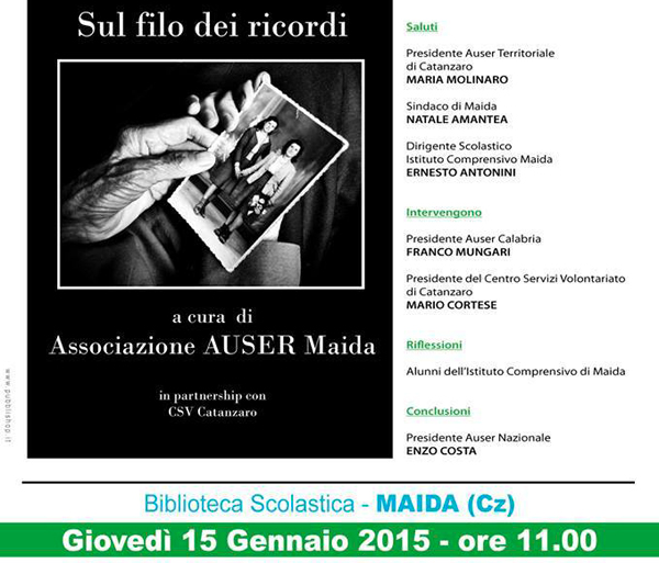 Auser organizza presentazione libro “Sul filo dei ricordi” a Maida 