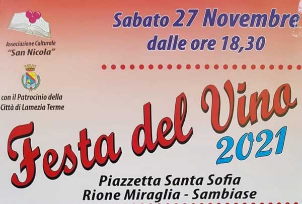Lamezia, Associazione San Nicola: tutto pronto per la Festa del Vino del 27 novembre, ecco il programma