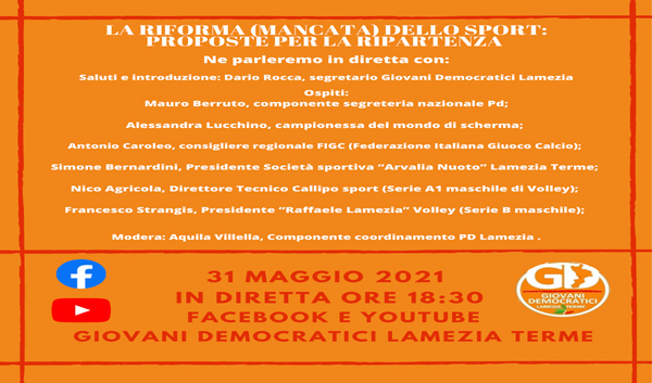 "La riforma (mancata) dello sport: proposte per la ripartenza", il 31 maggio webinar dei Giovani Democratici Lamezia