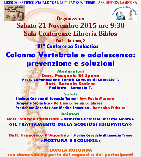 Lamezia: il 21 novembre conferenza ‘Colonna vertebrale e adolescenza’ alla Biblos