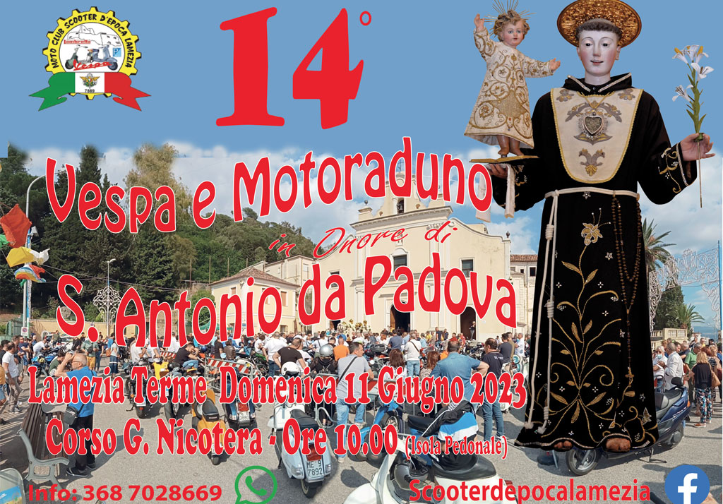 Lamezia, l'11 giugno la 14esima edizione del Vespa e Moto raduno in onore di Sant'Antonio