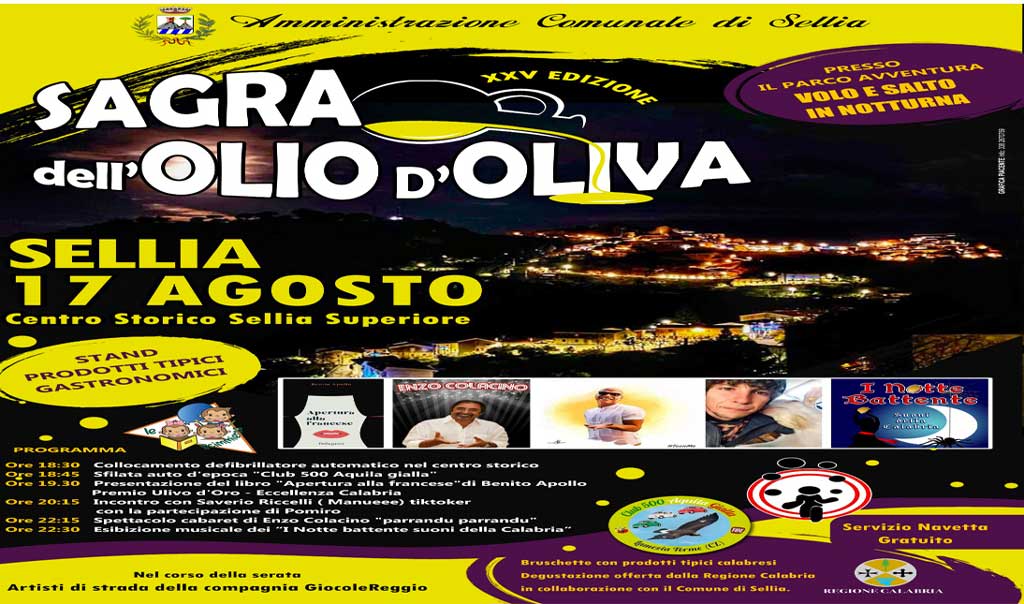 A Sellia la XXV edizione della Sagra dell’olio d’oliva il 17 agosto