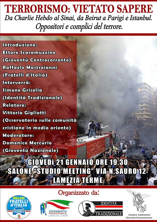 Lamezia: “Terrorismo: Vietato Sapere”, il 21 gennaio incontro pubblico allo Studio Meeting