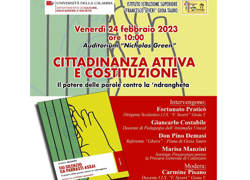 "Il potere delle parole contro la 'ndrangheta", incontro con magistrato Manzini su cittadinanza attiva e costituzione in scuola a Gioia Tauro