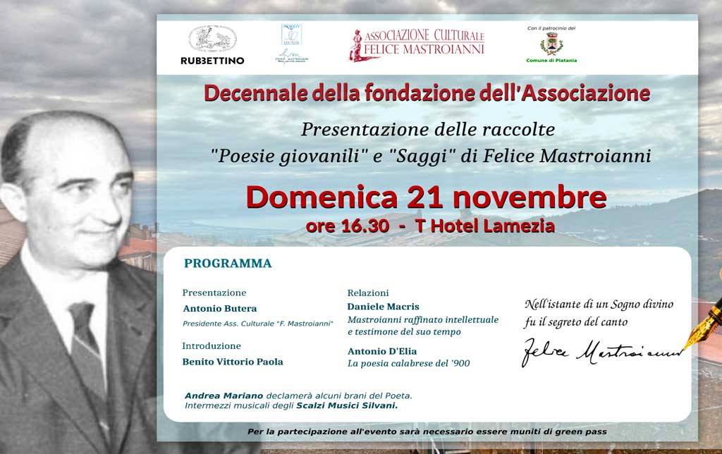 Lamezia, decennale Associazione "Felice Mastroianni": presentazione inediti del Poeta