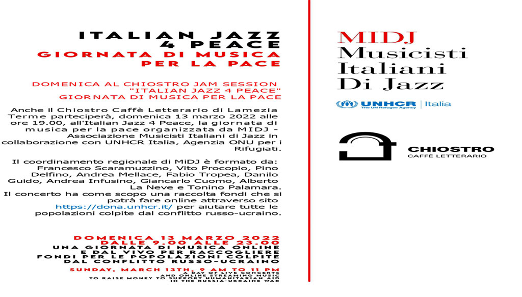 Lamezia, domenica al Chiostro "Italian jazz 4 peace": giornata di musica per la pace