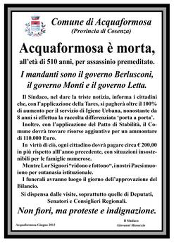 Sindaco del cosentino fa affiggere manifesto funebre su mancanza attenzione Governi