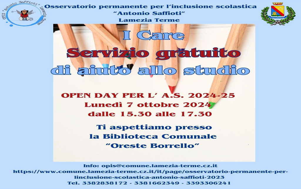 Lamezia, il 7 ottobre open day servizio gratuito di aiuto allo studio I Care