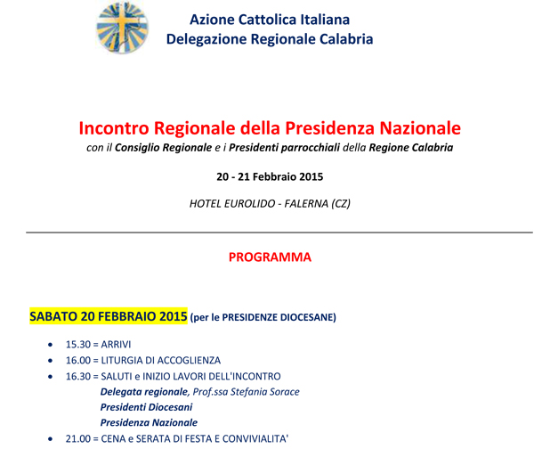 Incontro Regionale con Presidenza Nazionale di Azione Cattolica il 20  e 21 a Falerna