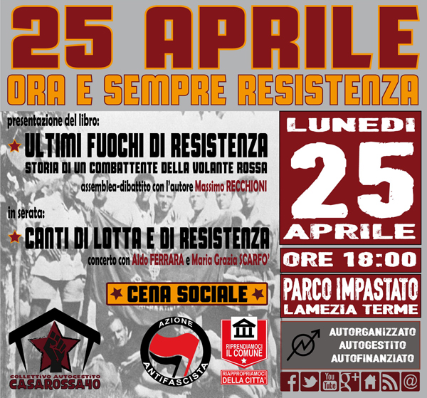 Lamezia, Il 25 aprile presentazione libro di Recchioni ‘Ultimi fuochi di resistenza’ al parco Impastato