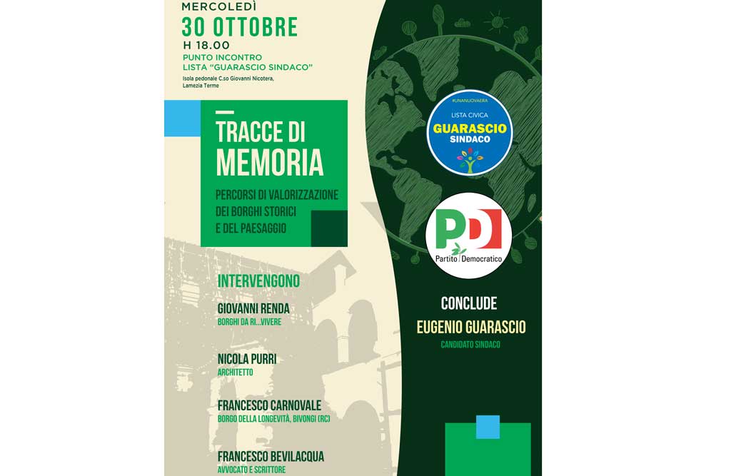 Lamezia, oggi evento "Tracce di memoria" su borghi storici e paesaggio al punto d’incontro Guarascio Sindaco