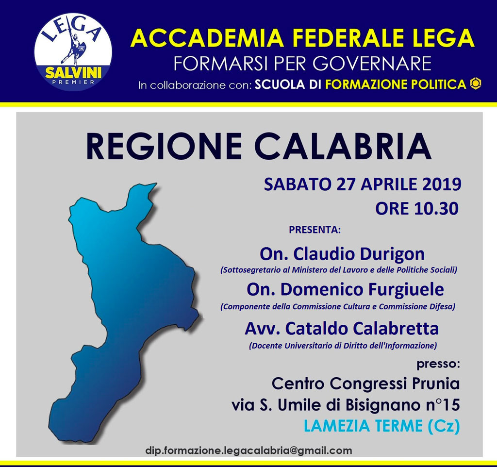 Lega Lamezia: “padre” di quota 100 Durigon ospite e relatore all’Accademia Federale 