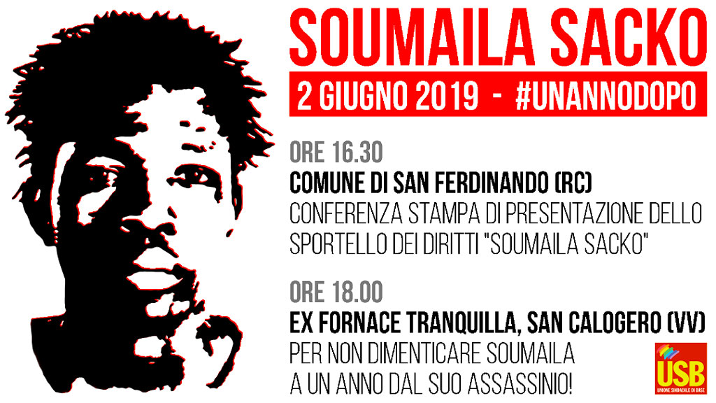 Usb ricorderà Soumaila Sacko ad un anno dalla scomparsa il 2 giugno a San Ferdinando