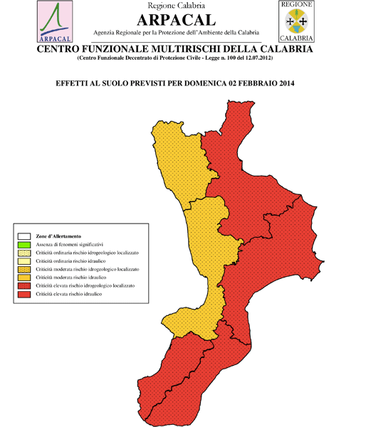 Calabria:Maltempo, Multirischi Arpacal lancia massimo grado allerta