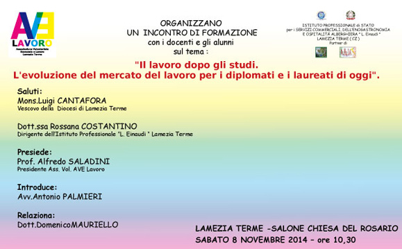 Lamezia: Convegno Ave Lavoro sabato 8 novembre