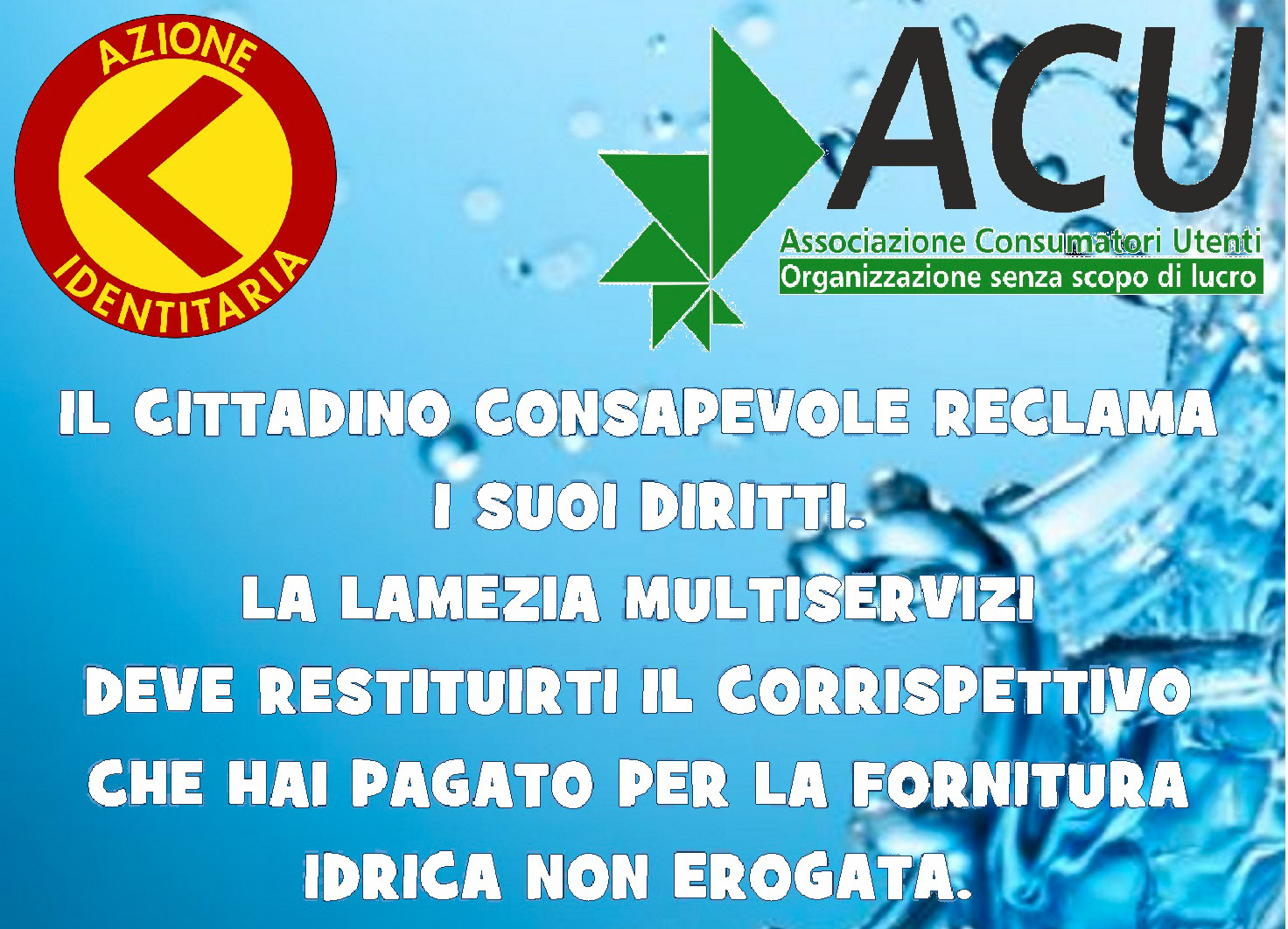 Lamezia: rimborso acqua per servizi non prestati, nuova raccolta firme di Azione Identitaria e Acu