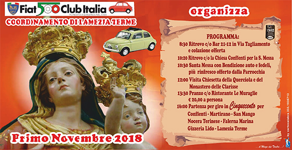 Pellegrinaggio alla Madonna di Conflenti in 500 e auto d’epoca il 1 novembre 