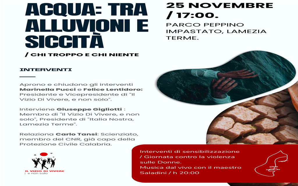 Lamezia, convegno “Acqua: tra alluvioni e siccità” il 25 novembre al parco Peppino Impastato