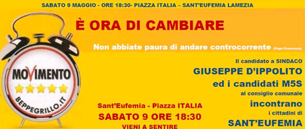 Lamezia: il 9 maggio candidato sindaco D’Ippolito e candidati M5S in piazza Italia