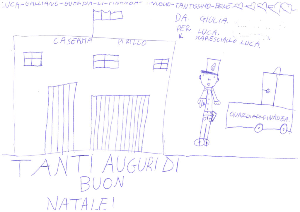 Gdf ispezione azienda di famiglia a Crotone, bimba regala disegno auguri
