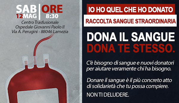 Lamezia, raccolta sangue in ospedale promossa da Identità Nazionale il 12 maggio