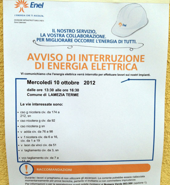 Lamezia: Distacco energia elettrica domani in alcune zone